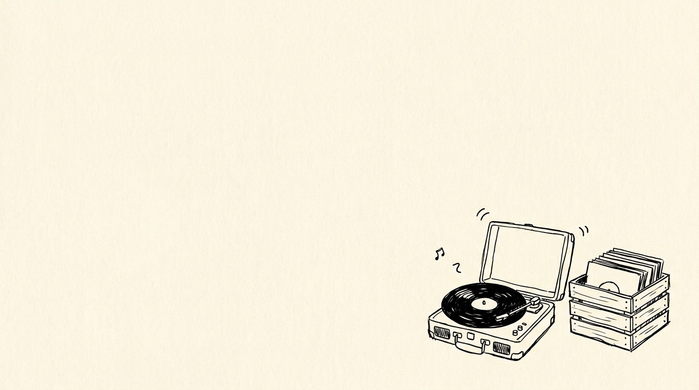 Hand-drawn illustration of a record player and a crate of records